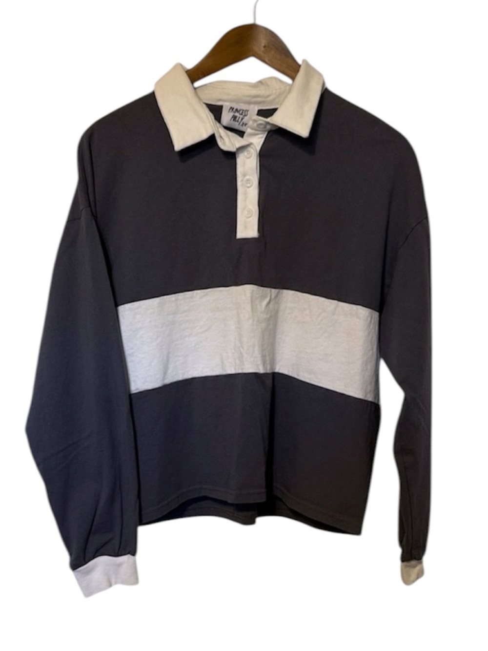 Princess Polly Long Sleeve Polo Rugby Shirt Gray White Color Block Relaxed 4
